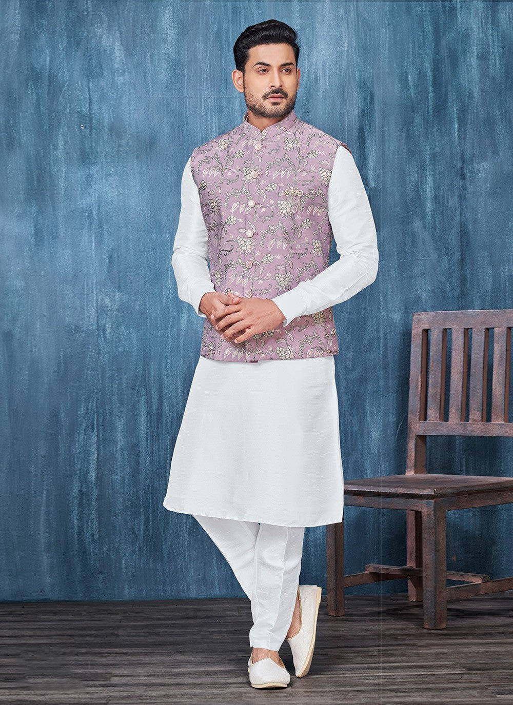 Embroidered Banarasi Silk Lavender, White Kurta Payjama With Jacket - M6422