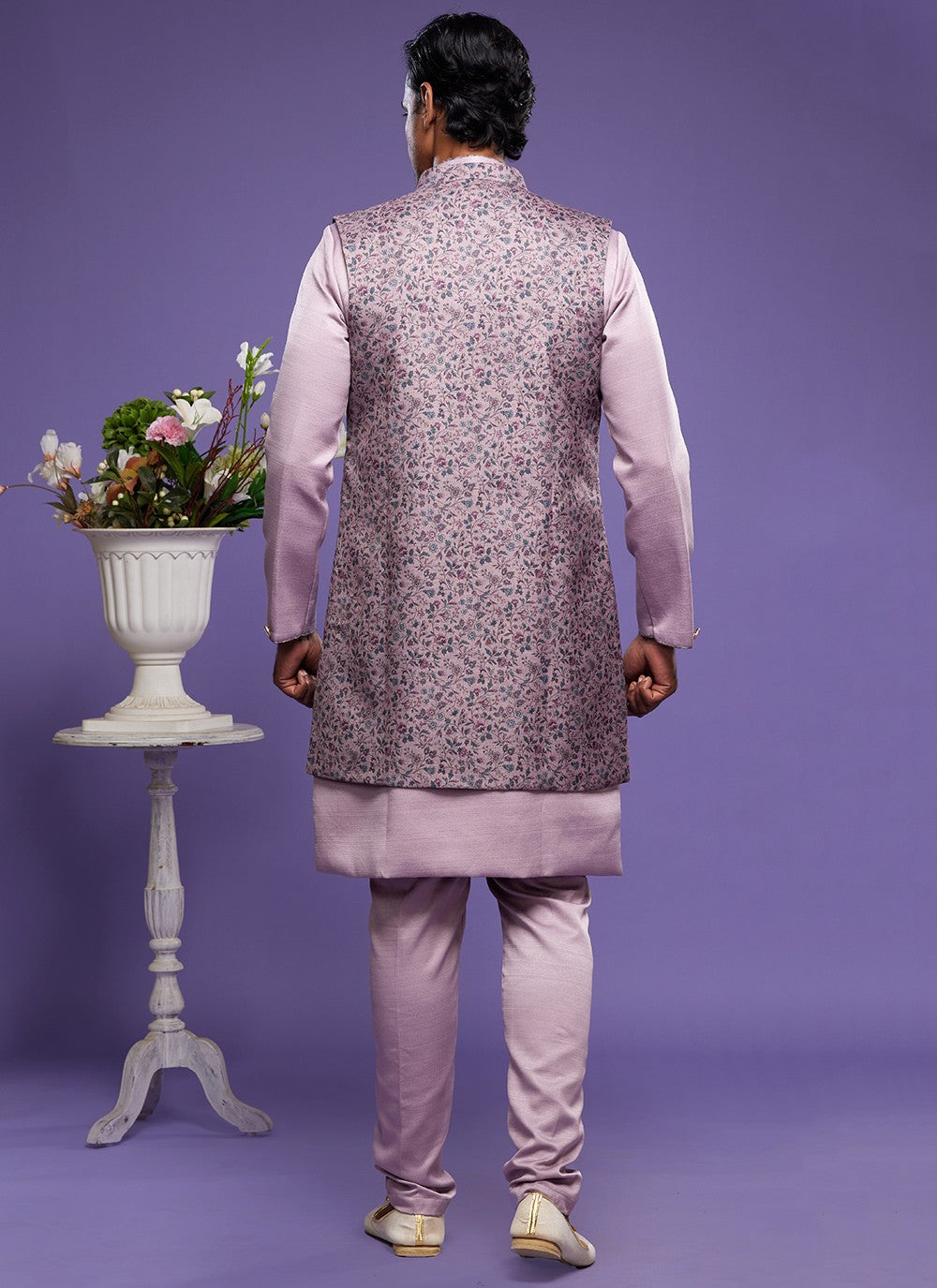 Digital Print Banarasi Silk Mauve Kurta Payjama With Jacket - M6060