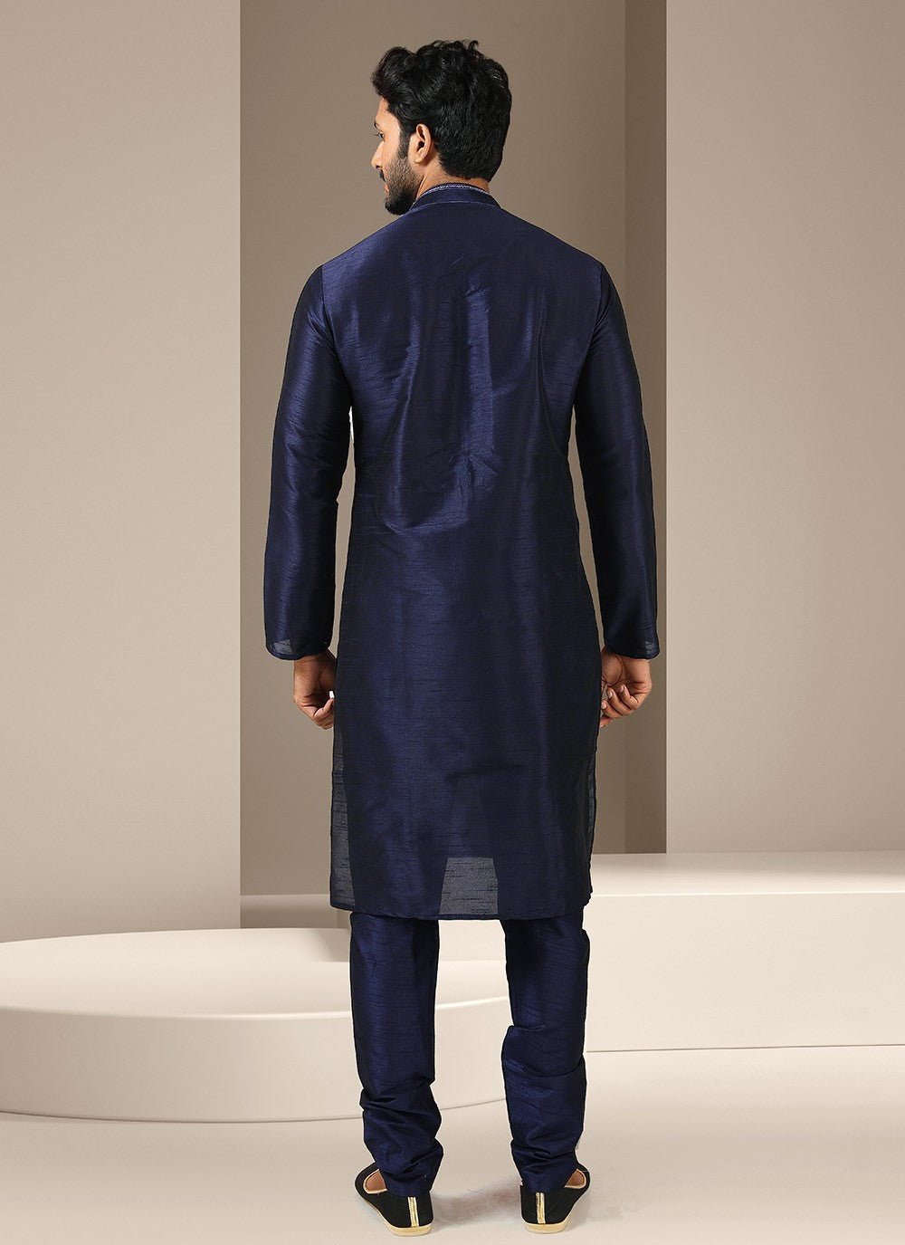 Embroidered Banarasi Silk Navy Blue Kurta Pyjama - M3239