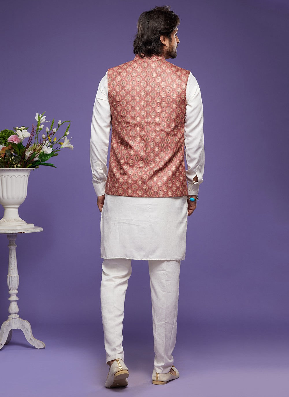Digital Print Banarasi Silk Off White, Rust Kurta Payjama With Jacket - M6076