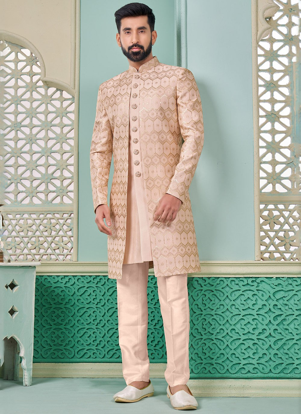 Embroidered Banarasi Silk Pink Indo Western - M7282