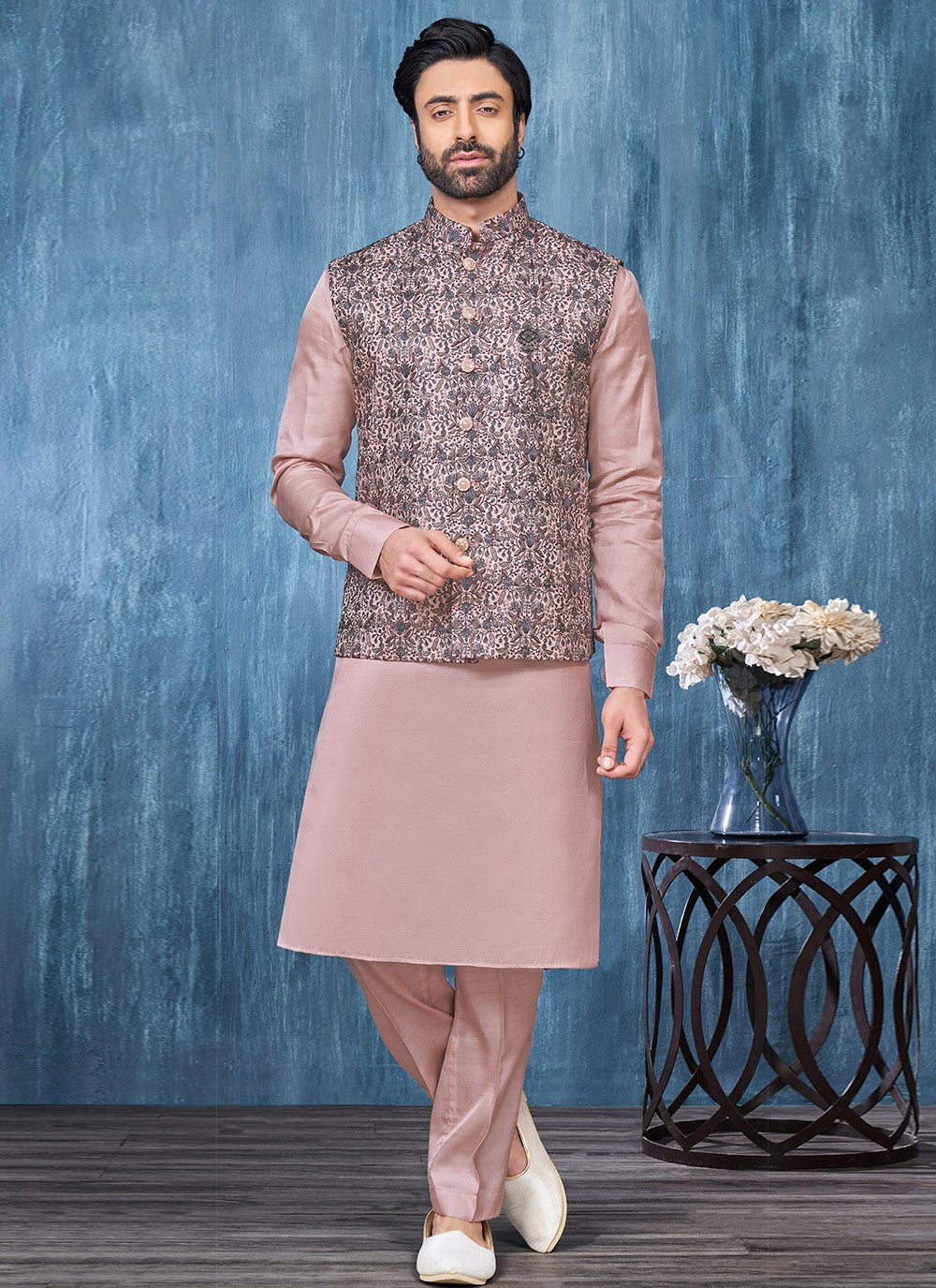 Embroidered Banarasi Silk Pink Kurta Payjama With Jacket - M6319