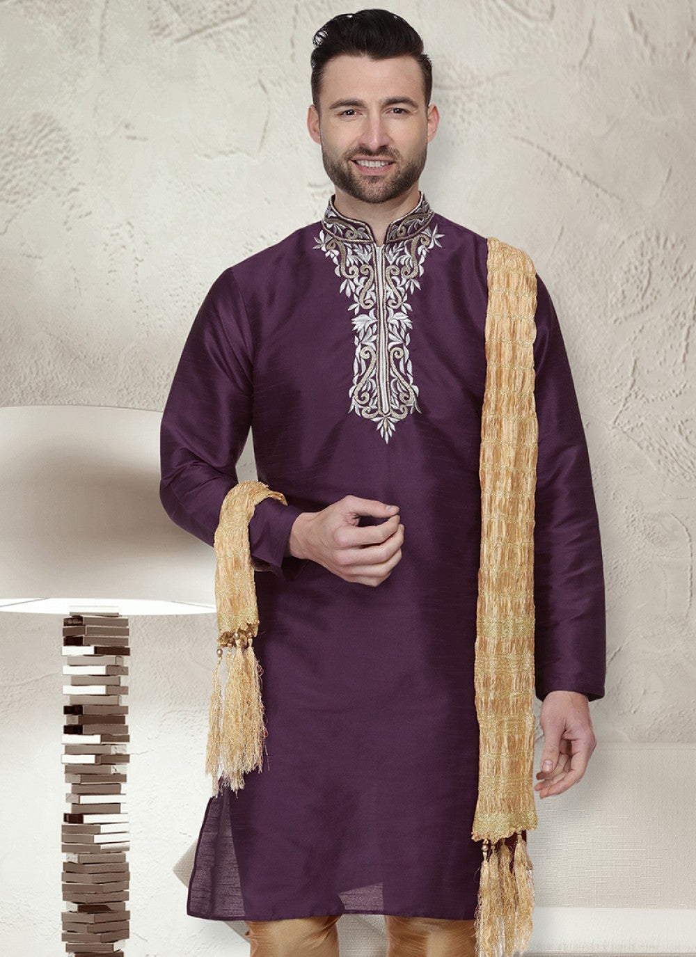 Embroidered Art Dupion Silk Purple Kurta - M1465