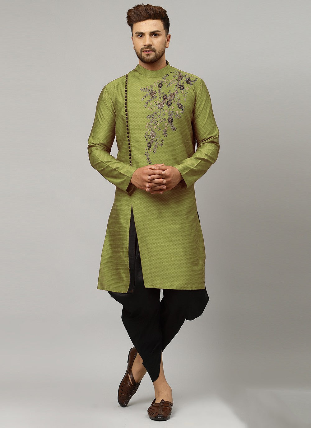 Embroidered Art Dupion Silk Green Angrakha - M3487