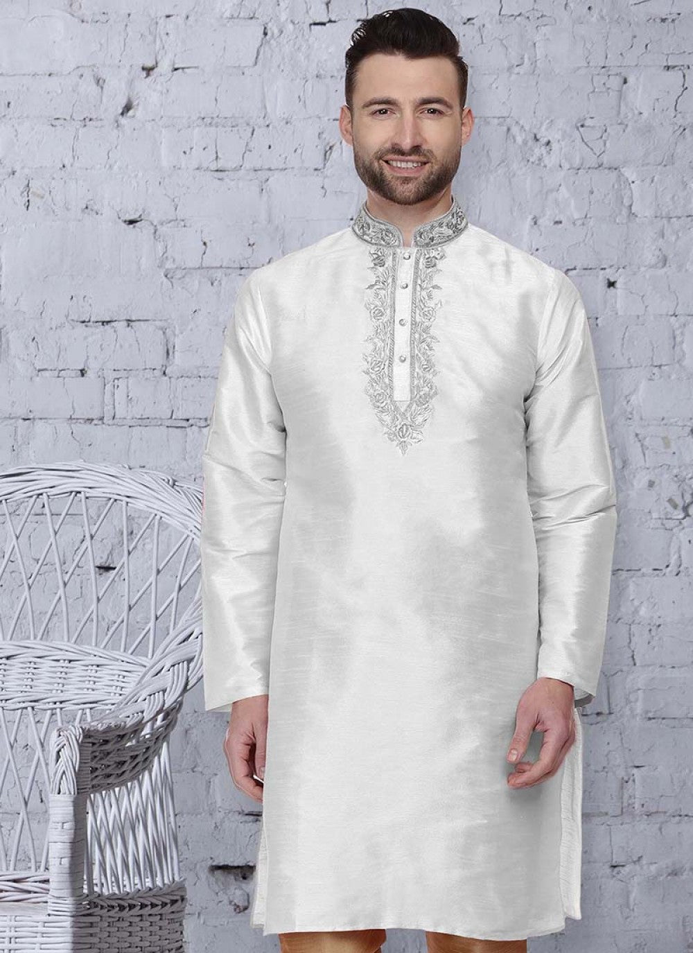 Embroidered Art Dupion Silk White Kurta - M1522