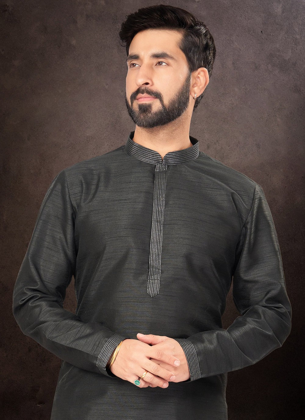 Plain Art Dupion Silk Black Kurta Pyjama - M7214