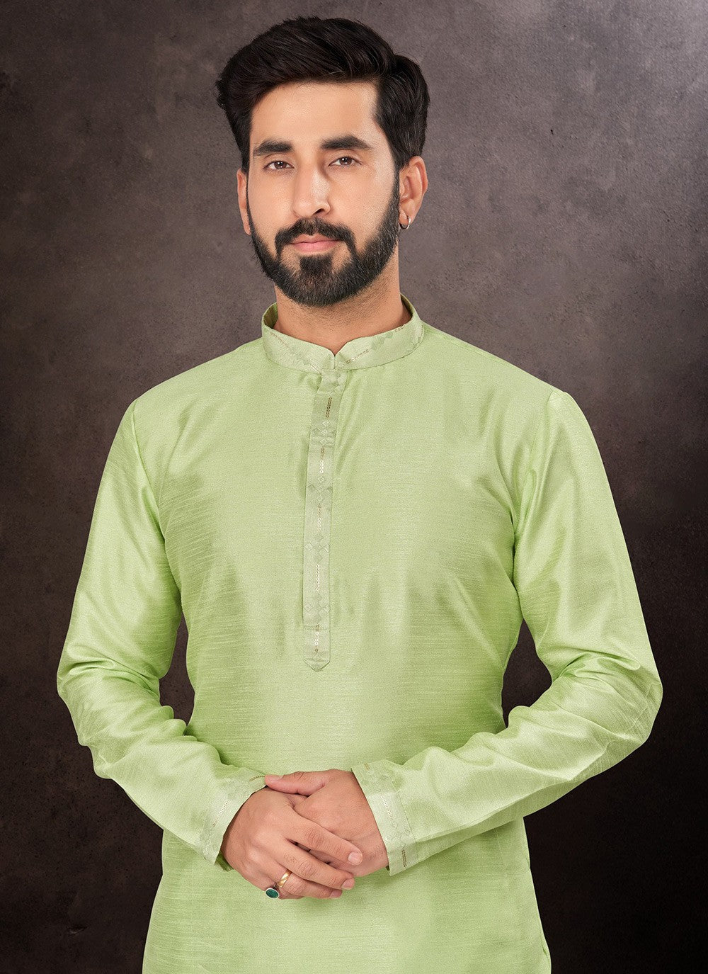 Plain Art Dupion Silk Green Kurta Pyjama - M7223