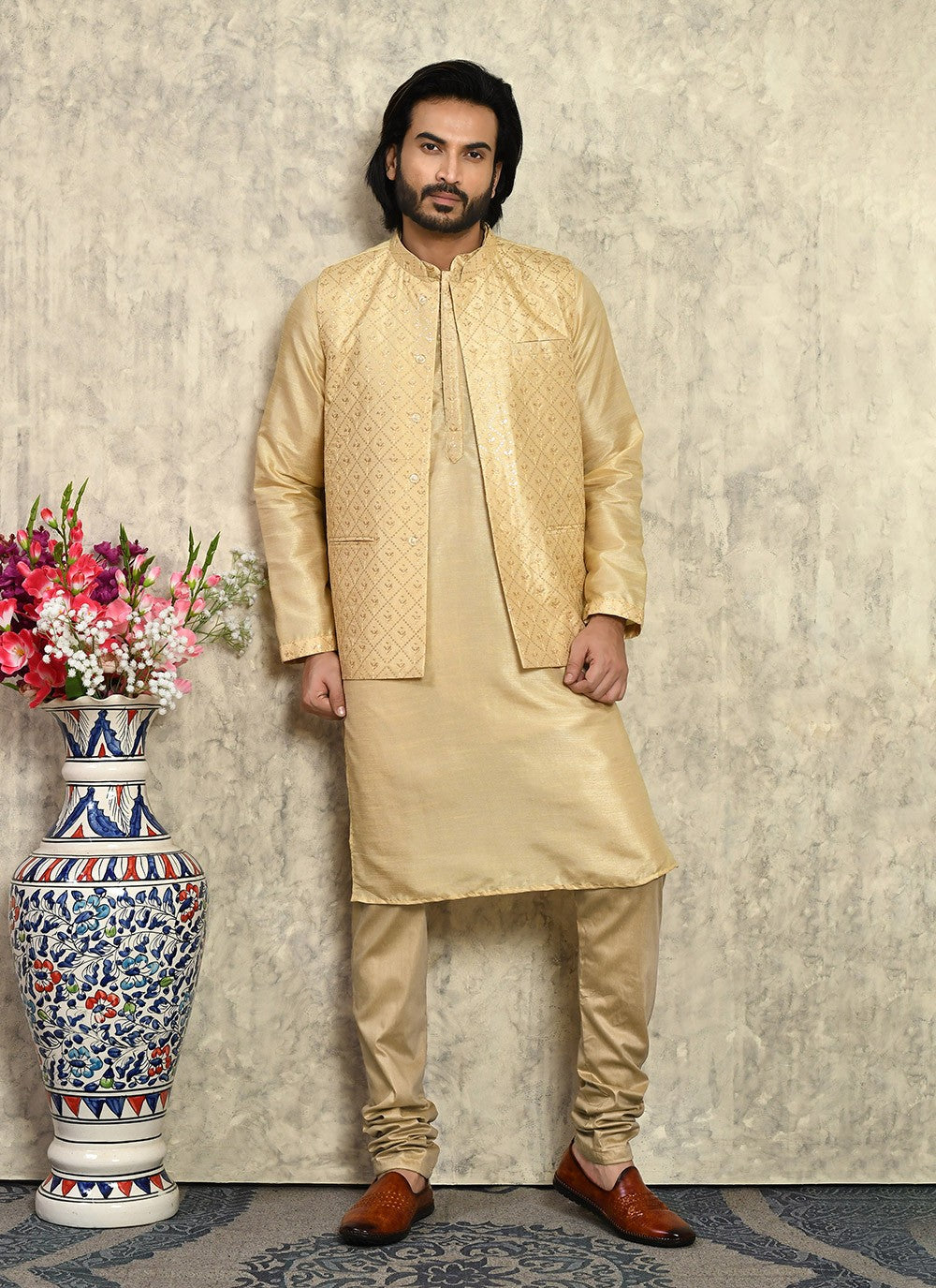 Embroidered Art Silk Beige Kurta Payjama With Jacket - M8009