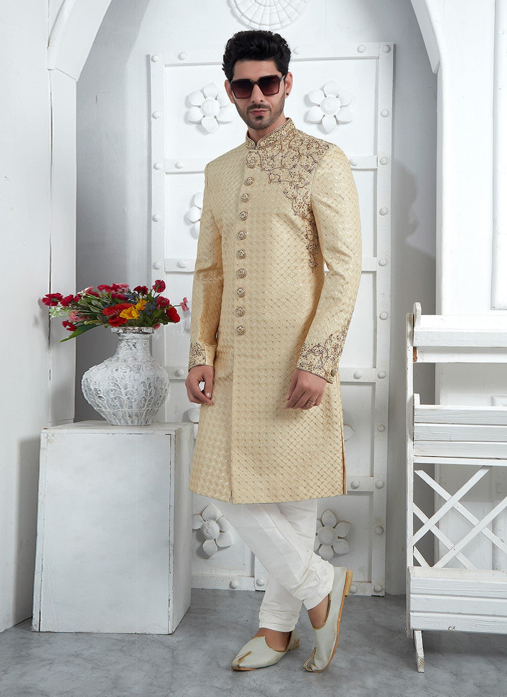 Embroidered Art Silk Beige Sherwani - M7453