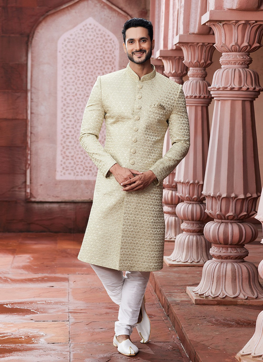 Hand Embroidery Art Silk Beige Sherwani - M6141