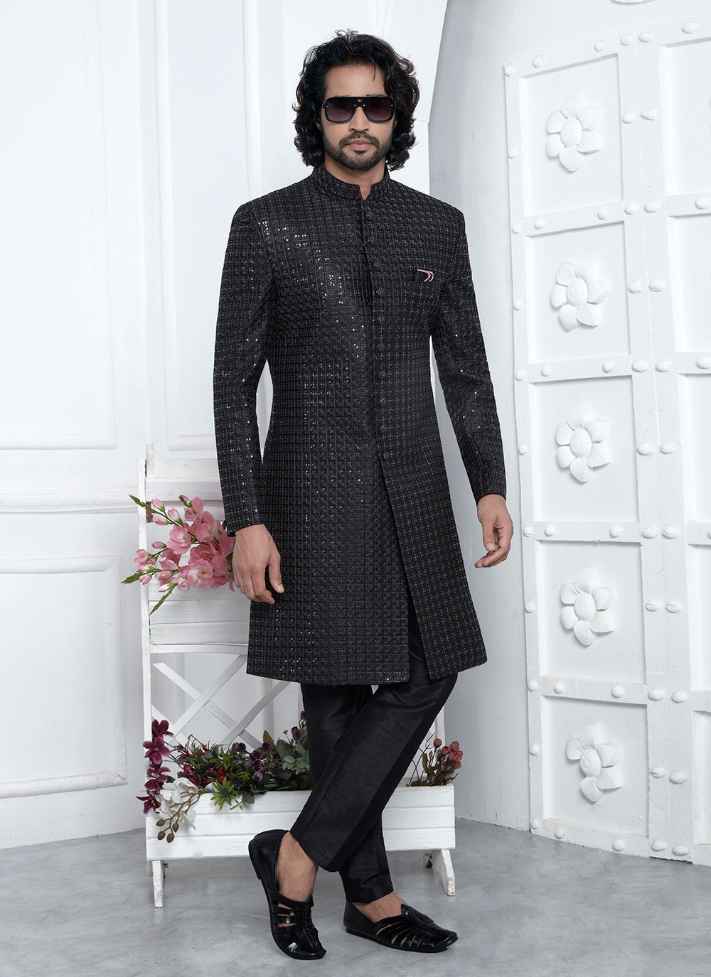 Machine Embroidery Art Silk Black Sherwani - M8257