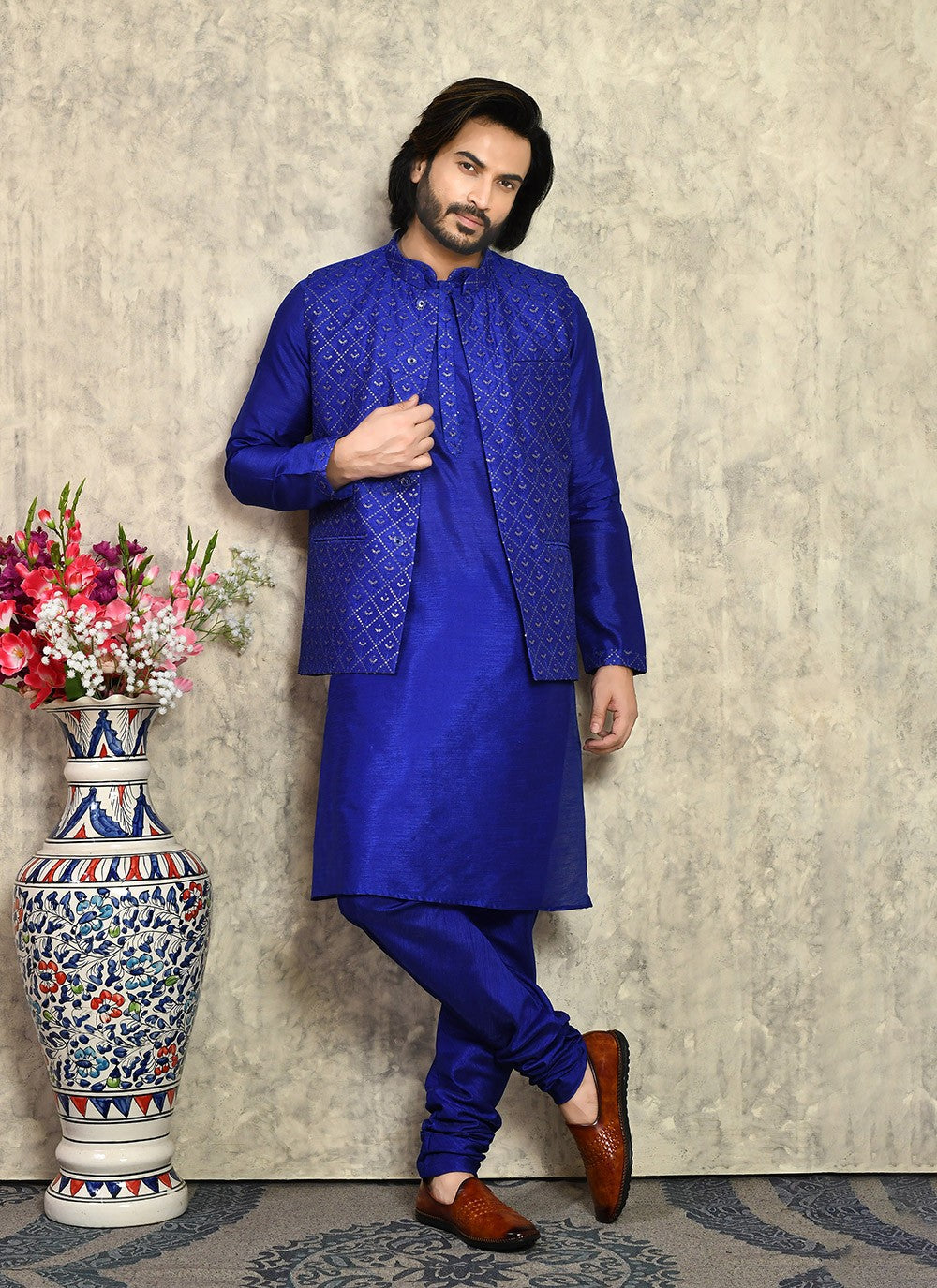 Embroidered Art Silk Blue Kurta Payjama With Jacket - M8007