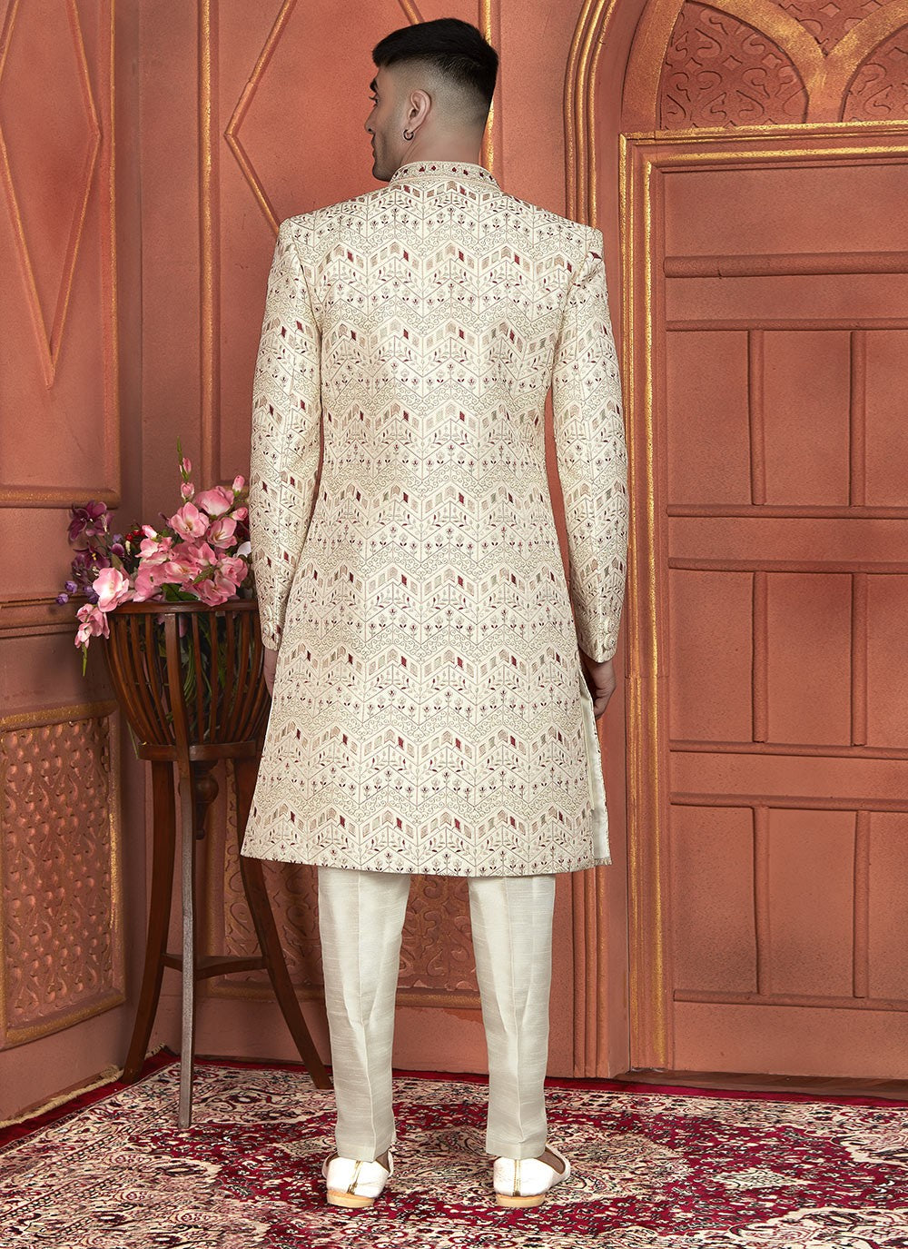 Machine Embroidery Art Silk Cream Indo Western - M7356