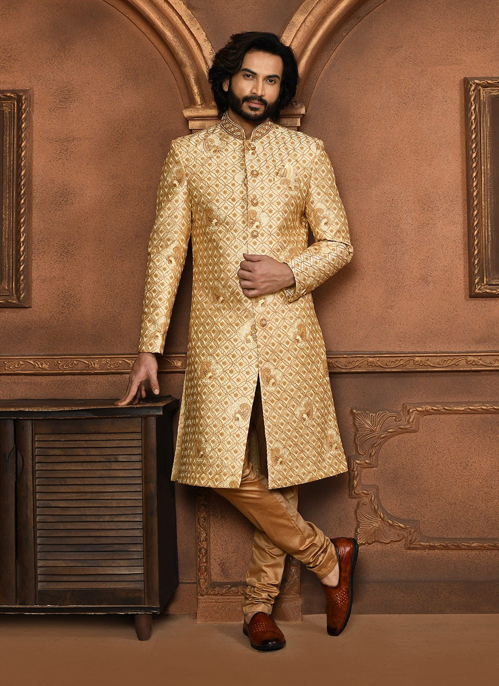 Embroidered Art Silk Beige Sherwani - M8046