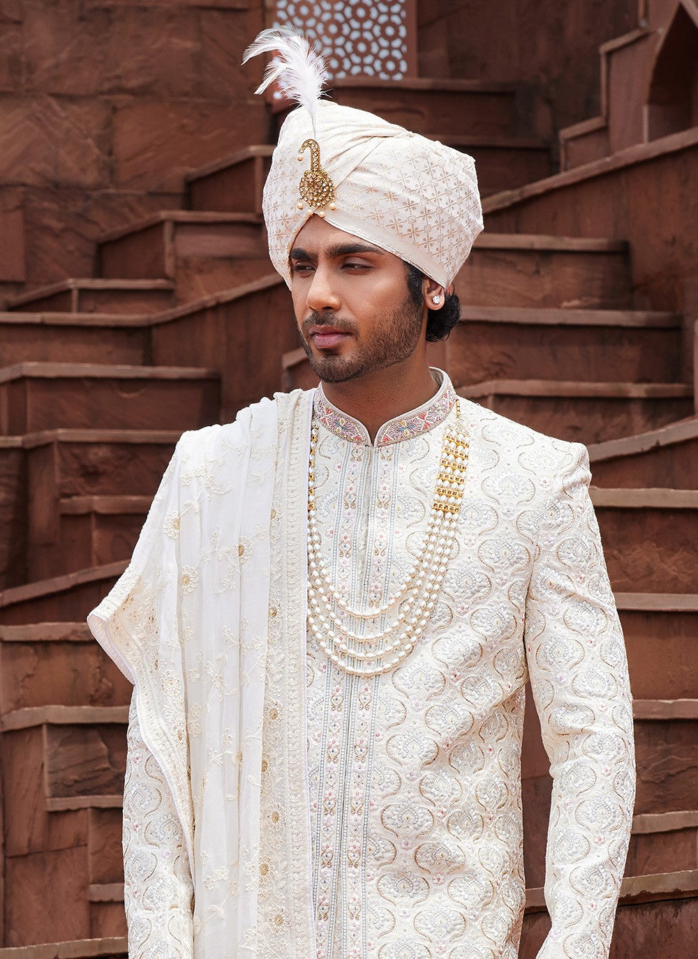 Embroidered Art Silk Cream Sherwani - M6511
