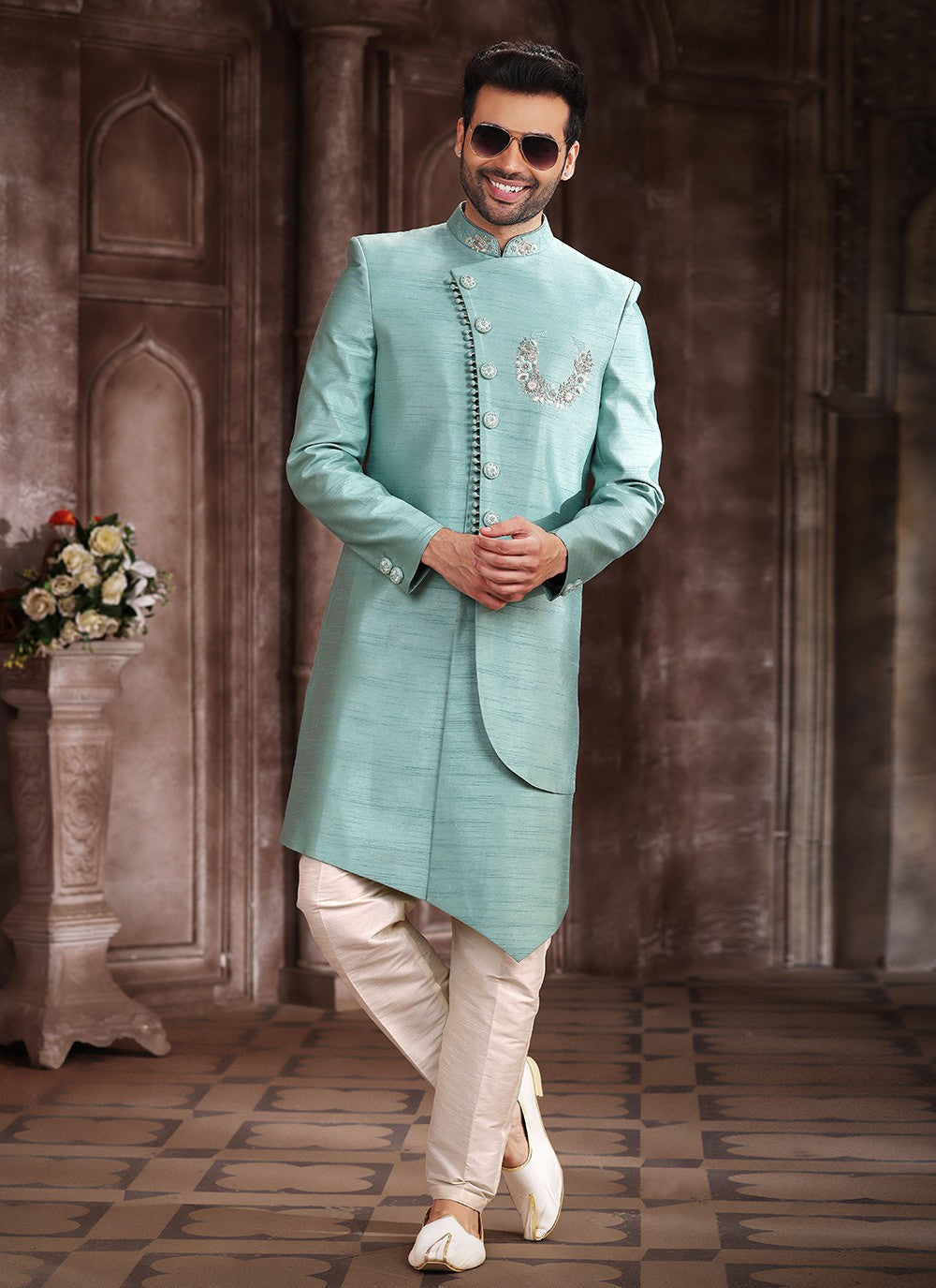 Embroidered Art Silk Sea Green Indo Western Sherwani - M5374