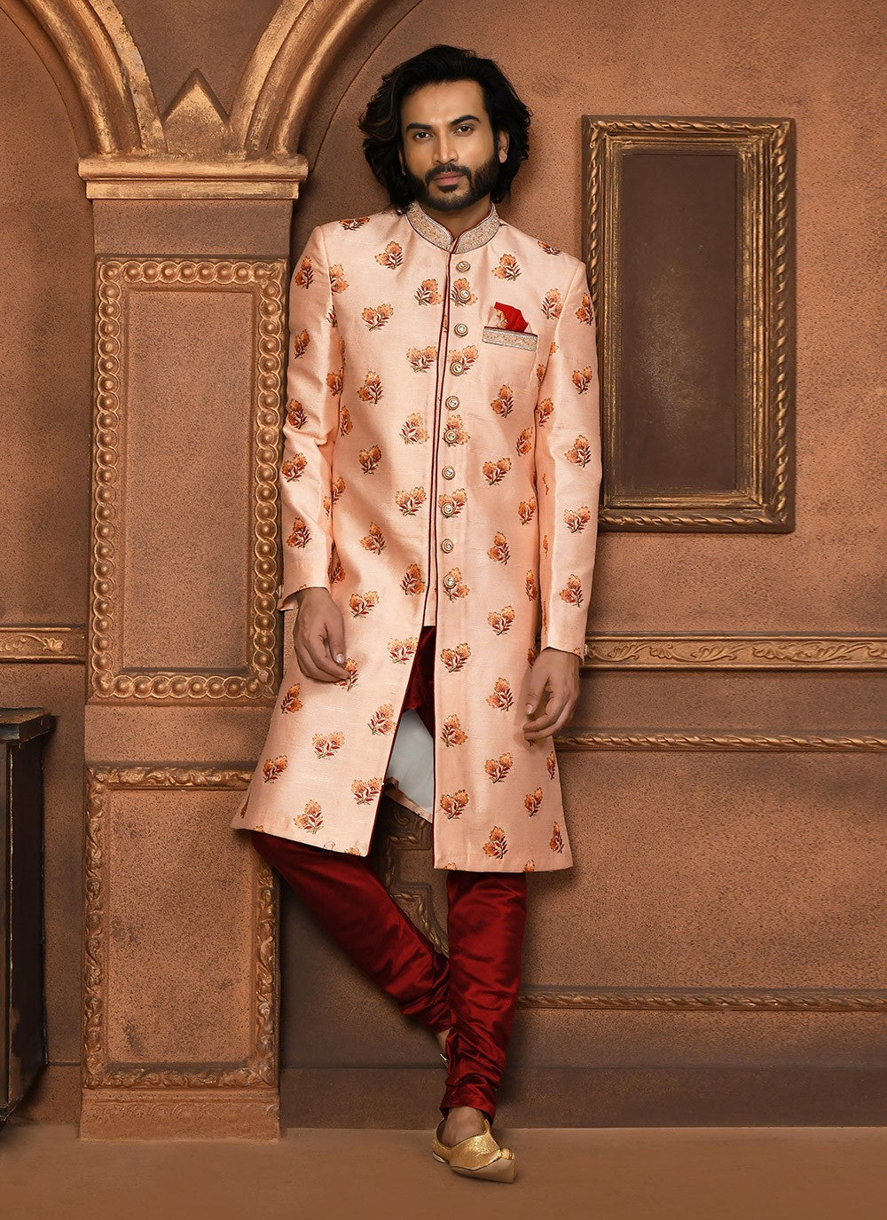 Embroidered Art Silk Peach Sherwani - M8060