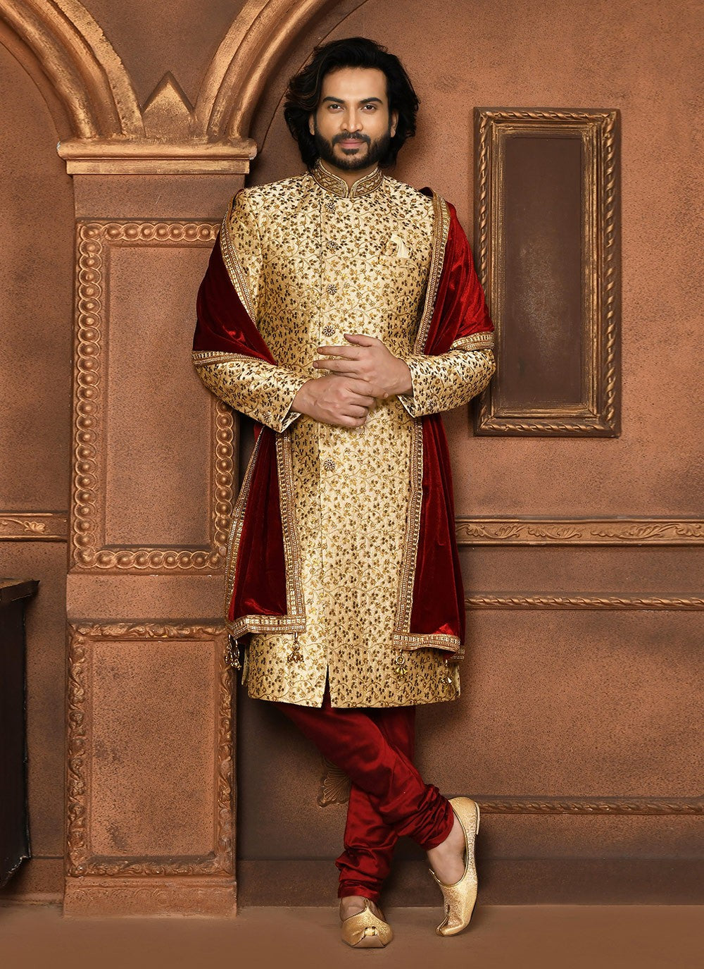 Embroidered Art Silk Beige Sherwani - M8061