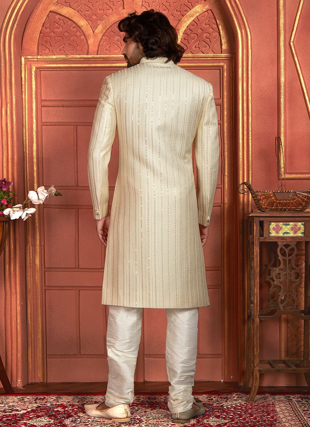 Embroidered Art Silk Cream Sherwani - M8264