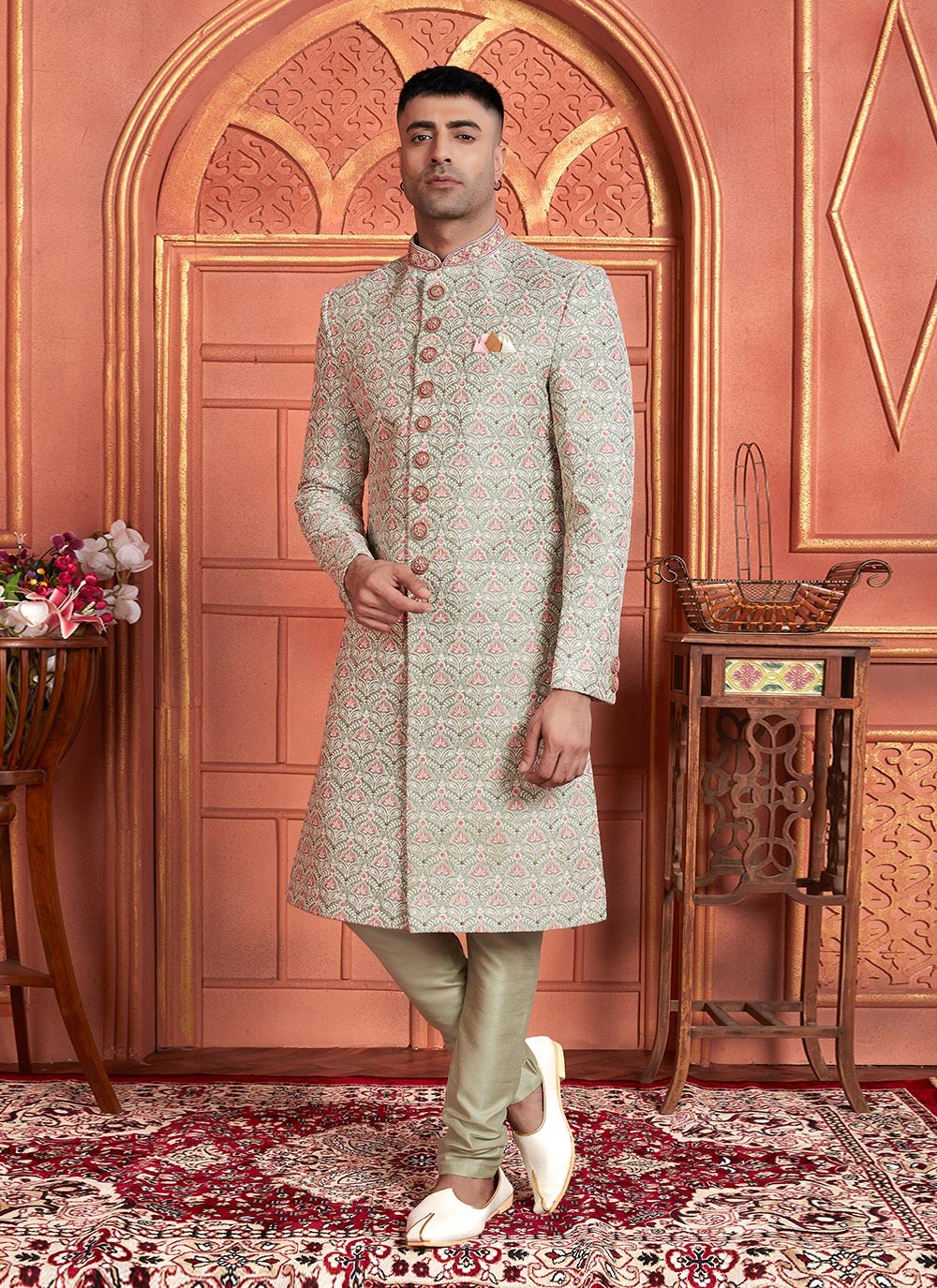 Embroidered Art Silk Green Sherwani - M8262