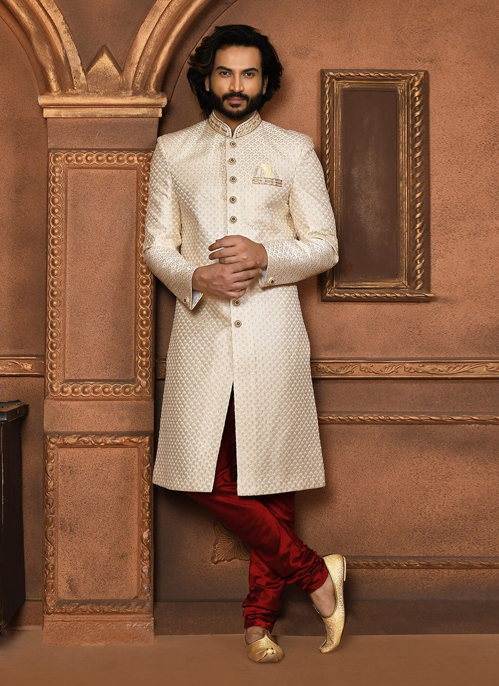 Embroidered Art Silk Off White Sherwani - M8059