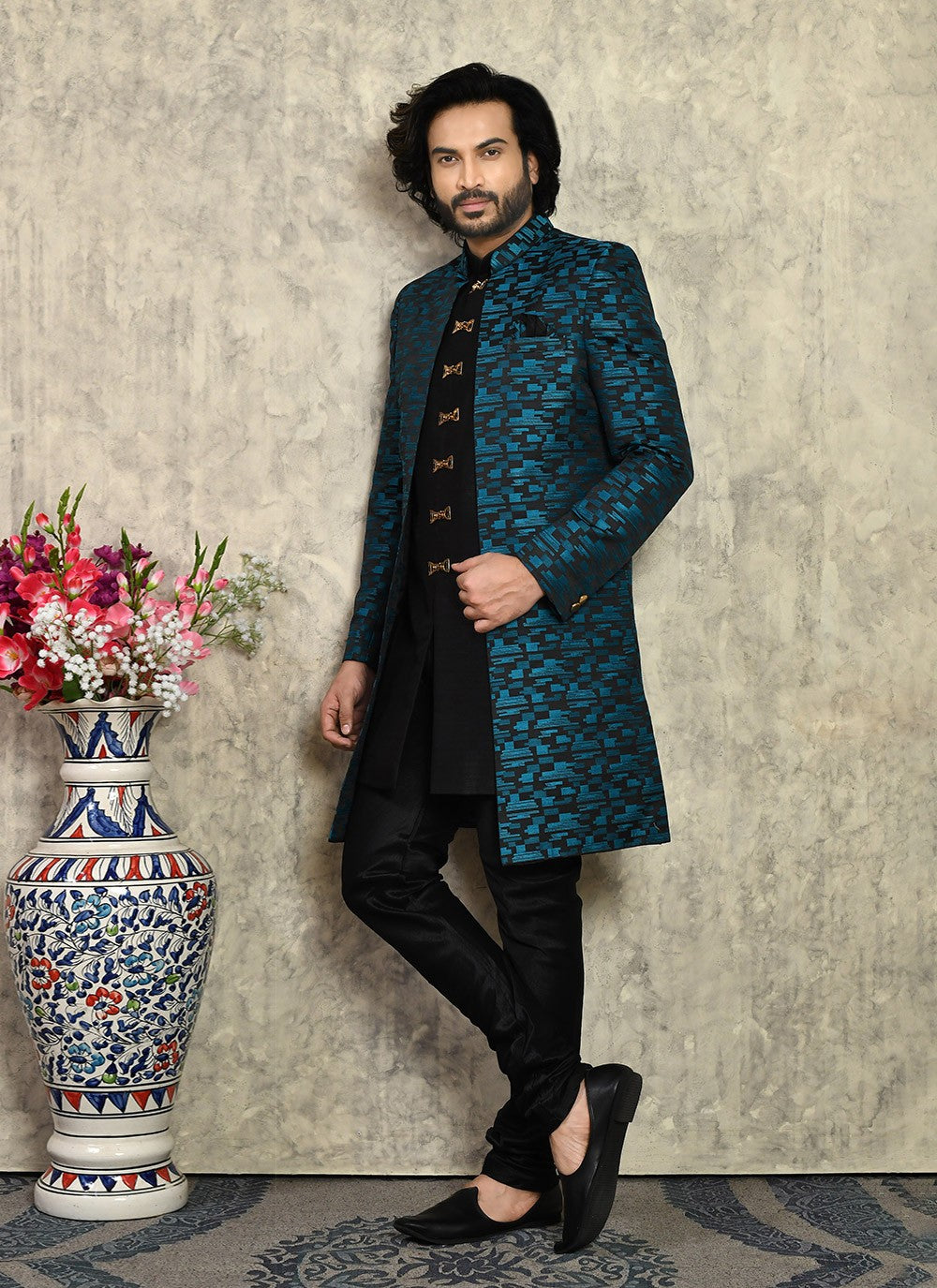 Buttons Art Silk Teal Indo Western - M8021
