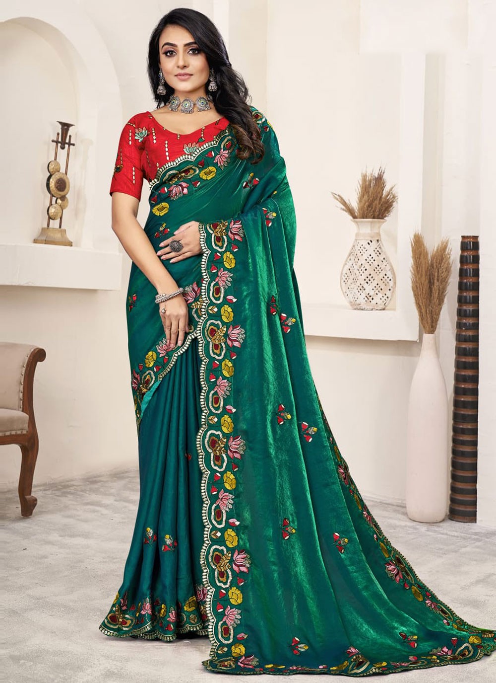 Classic Saree Border Work Green, Teal Art Silk Saree S13400