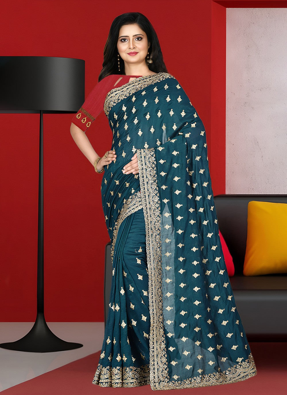 Hand Embroidery Art Silk Morpeach Saree S13757