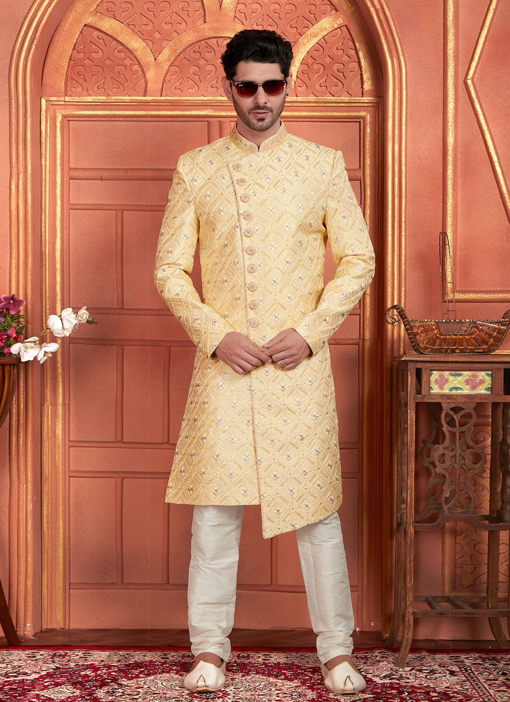 Embroidered Art Silk Yellow Sherwani - M8280
