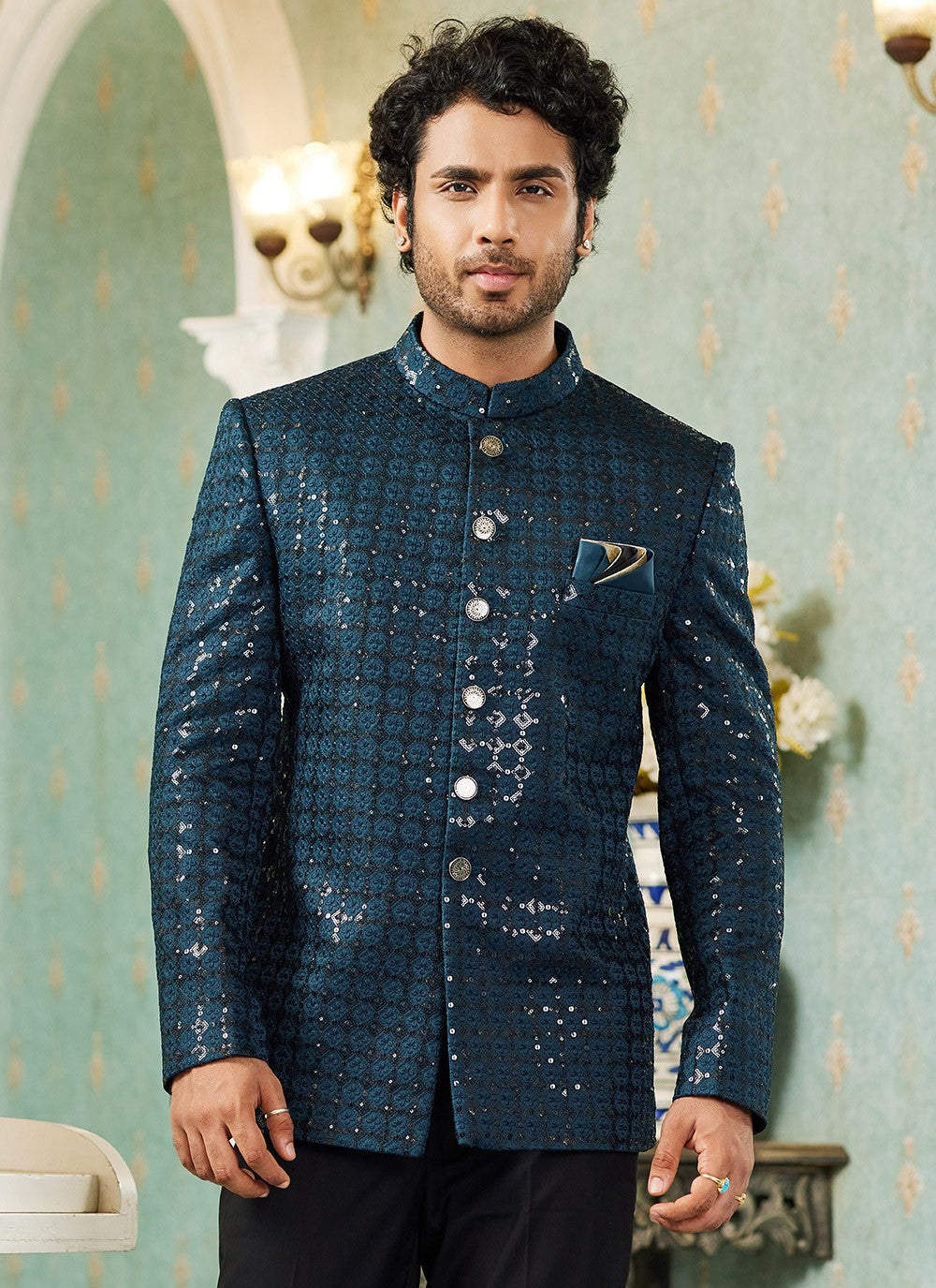 Machine Embroidery Art Silk Teal Indo Western - M6434