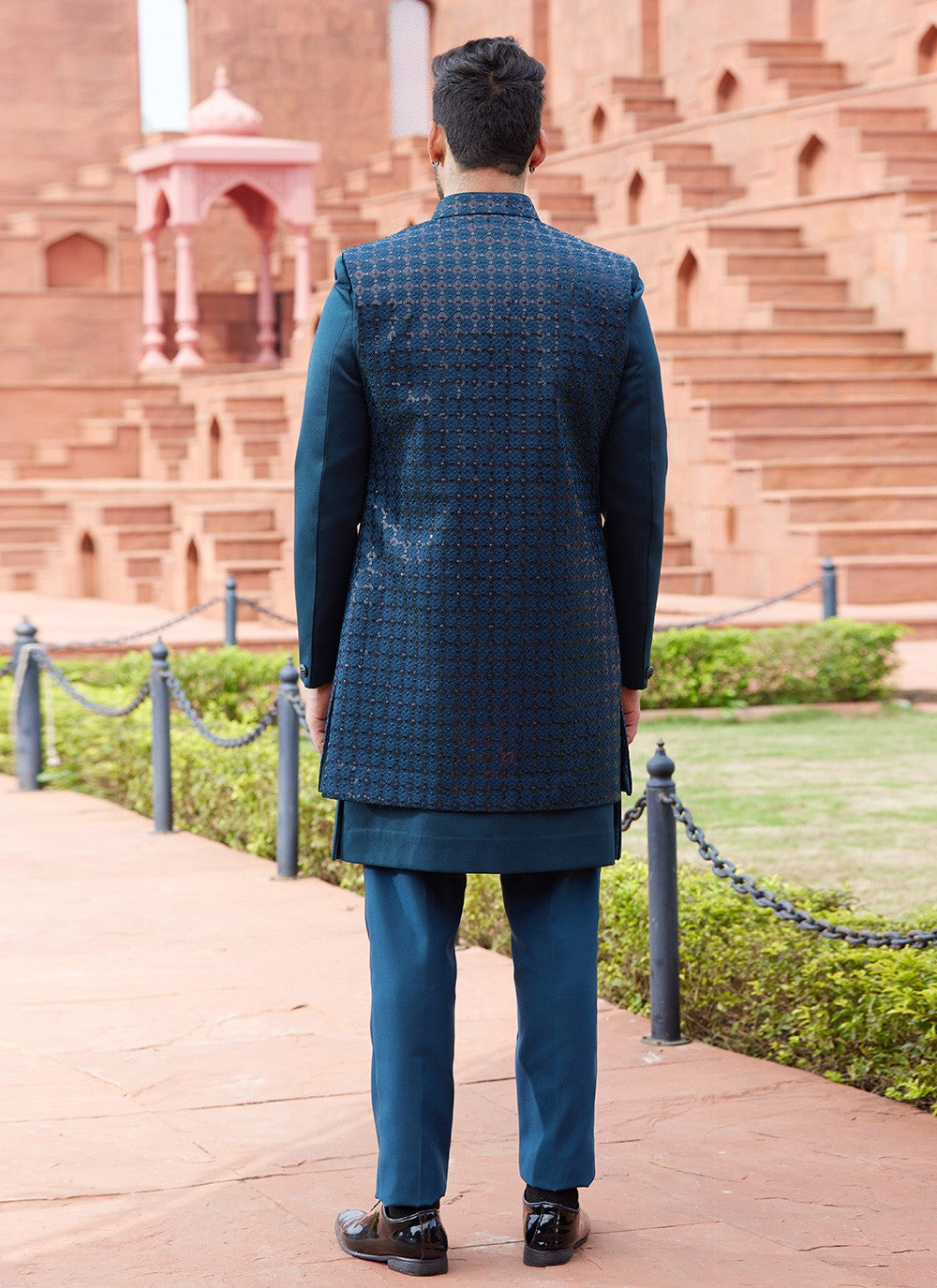 Fancy Work Art Silk Green, Teal Indo Western Sherwani - M6158