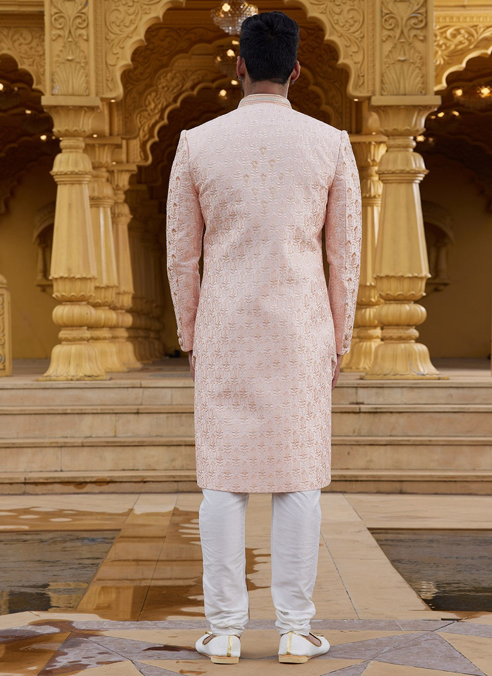 Machine Embroidery Art Silk Peach Sherwani - M6098
