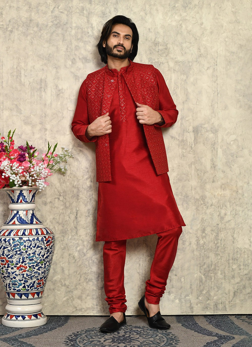 Embroidered Art Silk Maroon Kurta Payjama With Jacket - M8006