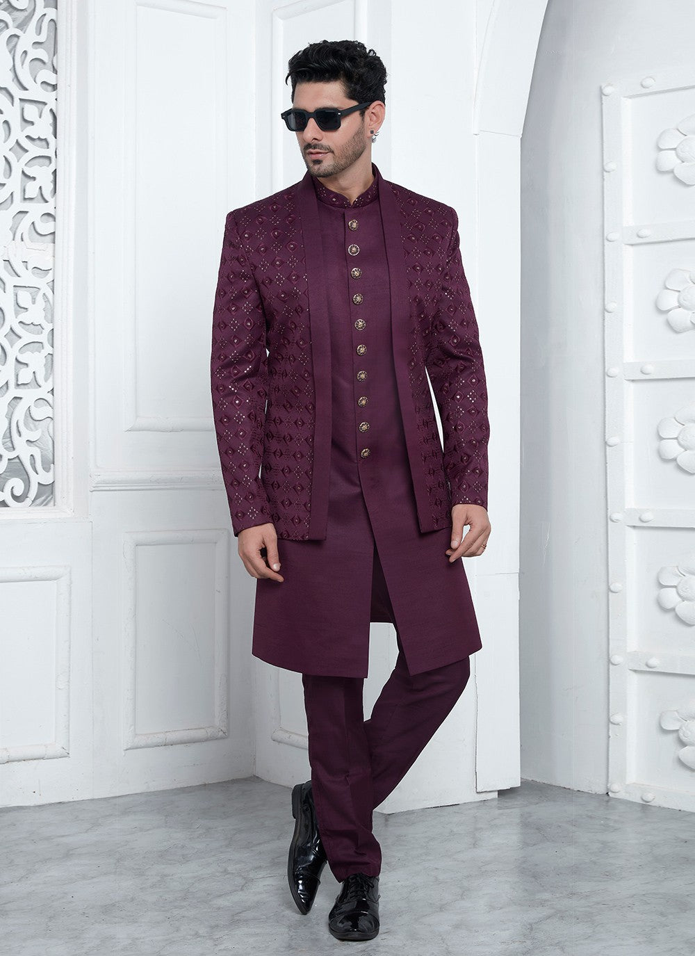 Machine Embroidery Art Silk Maroon Sherwani - M8253