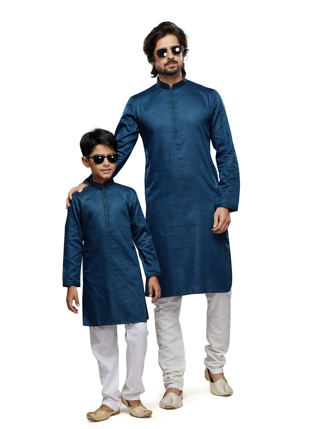 Printed Art Silk Teal Men's & Kids Combo - M6819