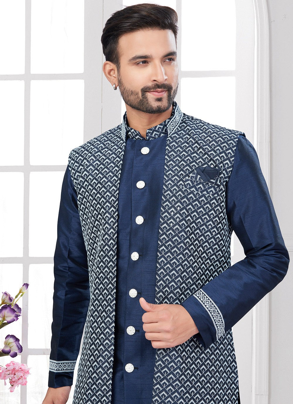 Embroidered Art Silk Navy Blue Indo Western Sherwani - M8599