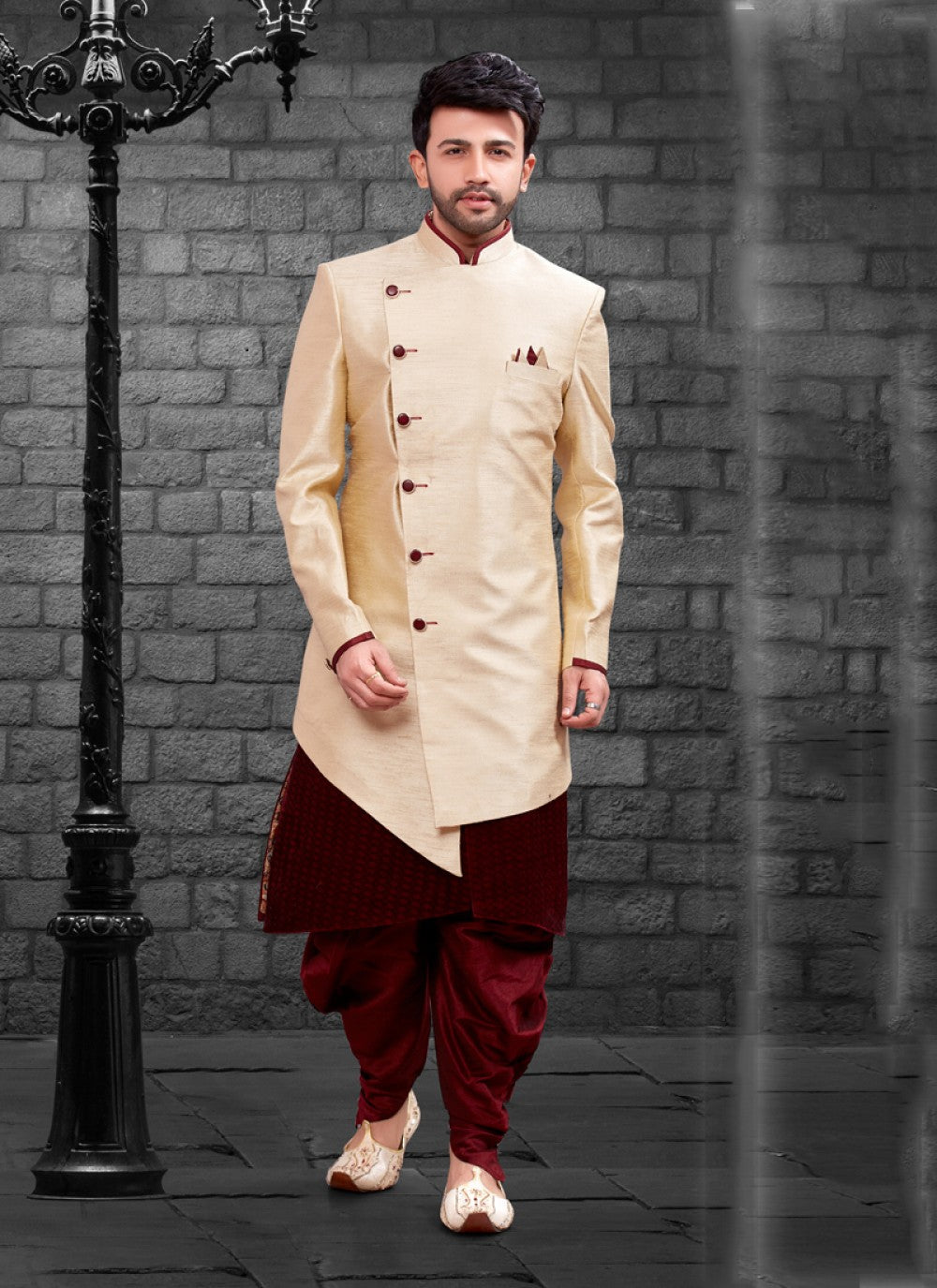 Plain Art Silk Cream Indo Western - M1096