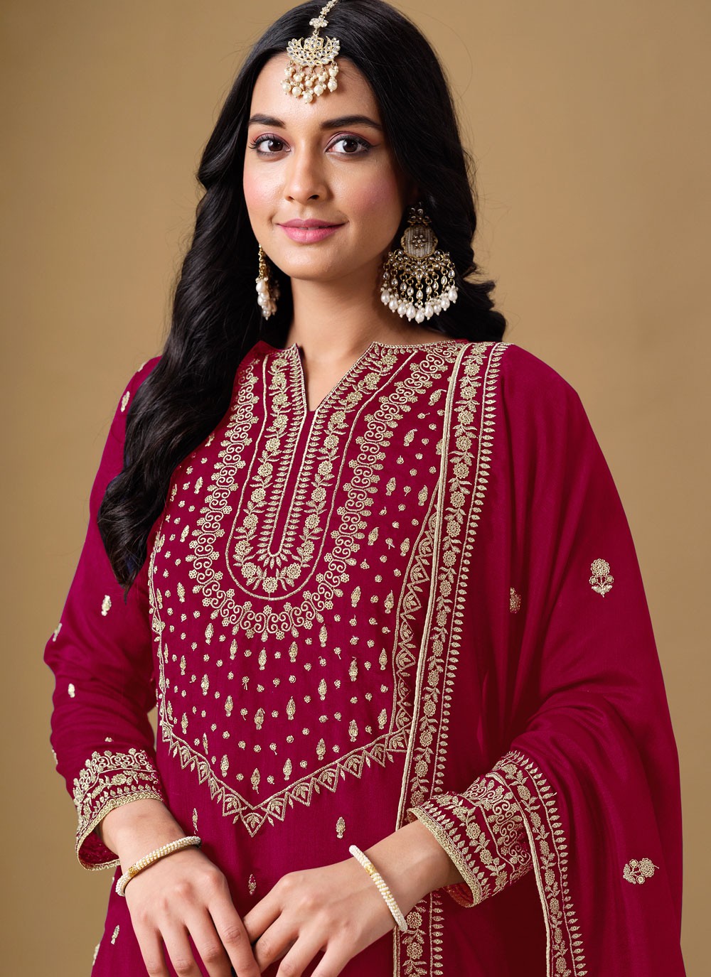 Embroidered Art Silk Hot Pink Salwar Suit T6135
