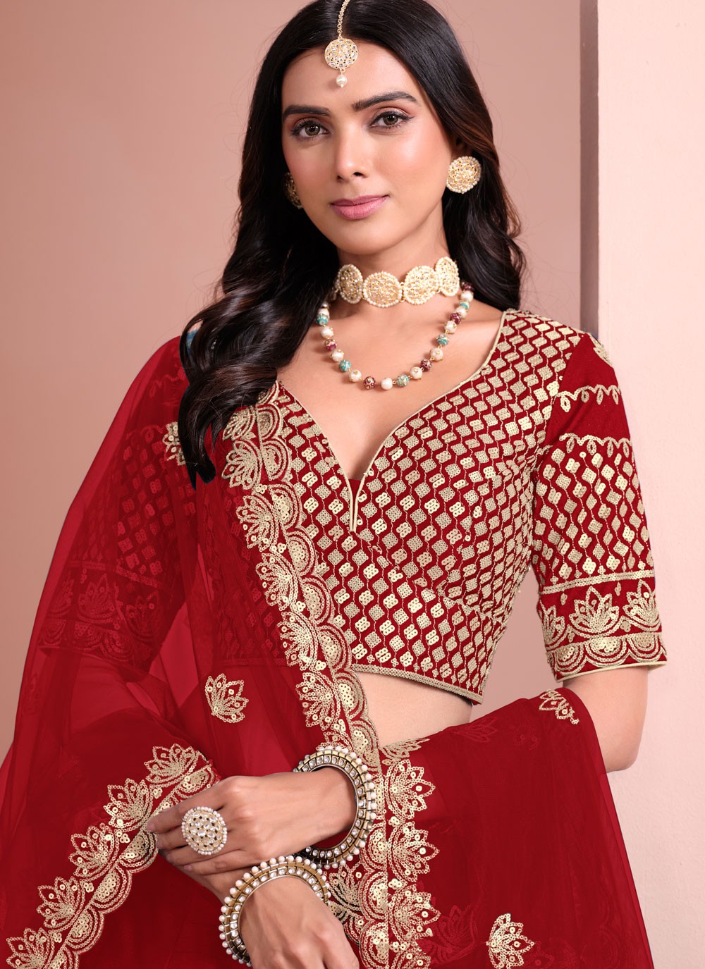 Aari Work Art Silk Red Lehenga - L3399