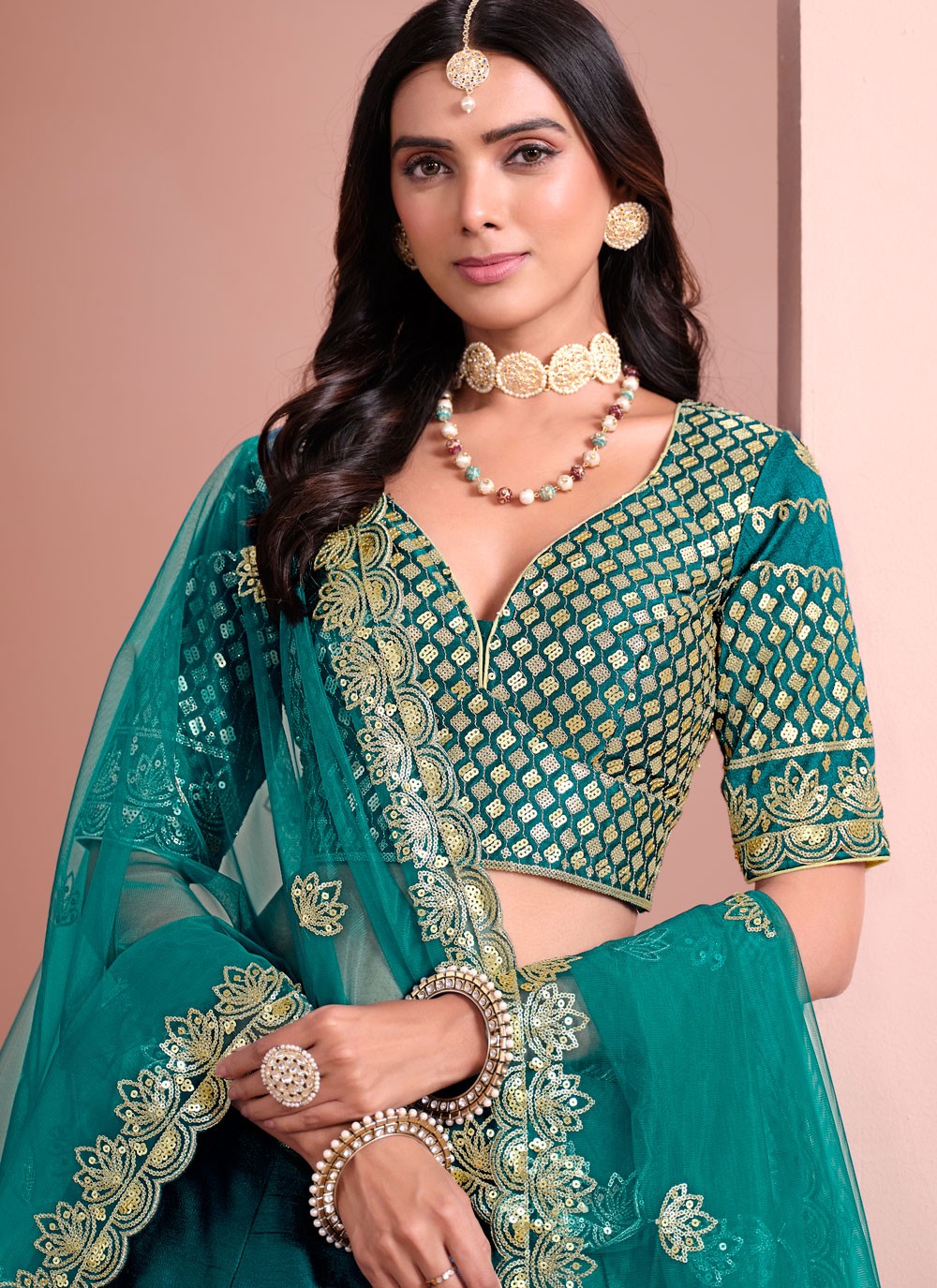 Embroidered Art Silk Morpeach Lehenga - L3396