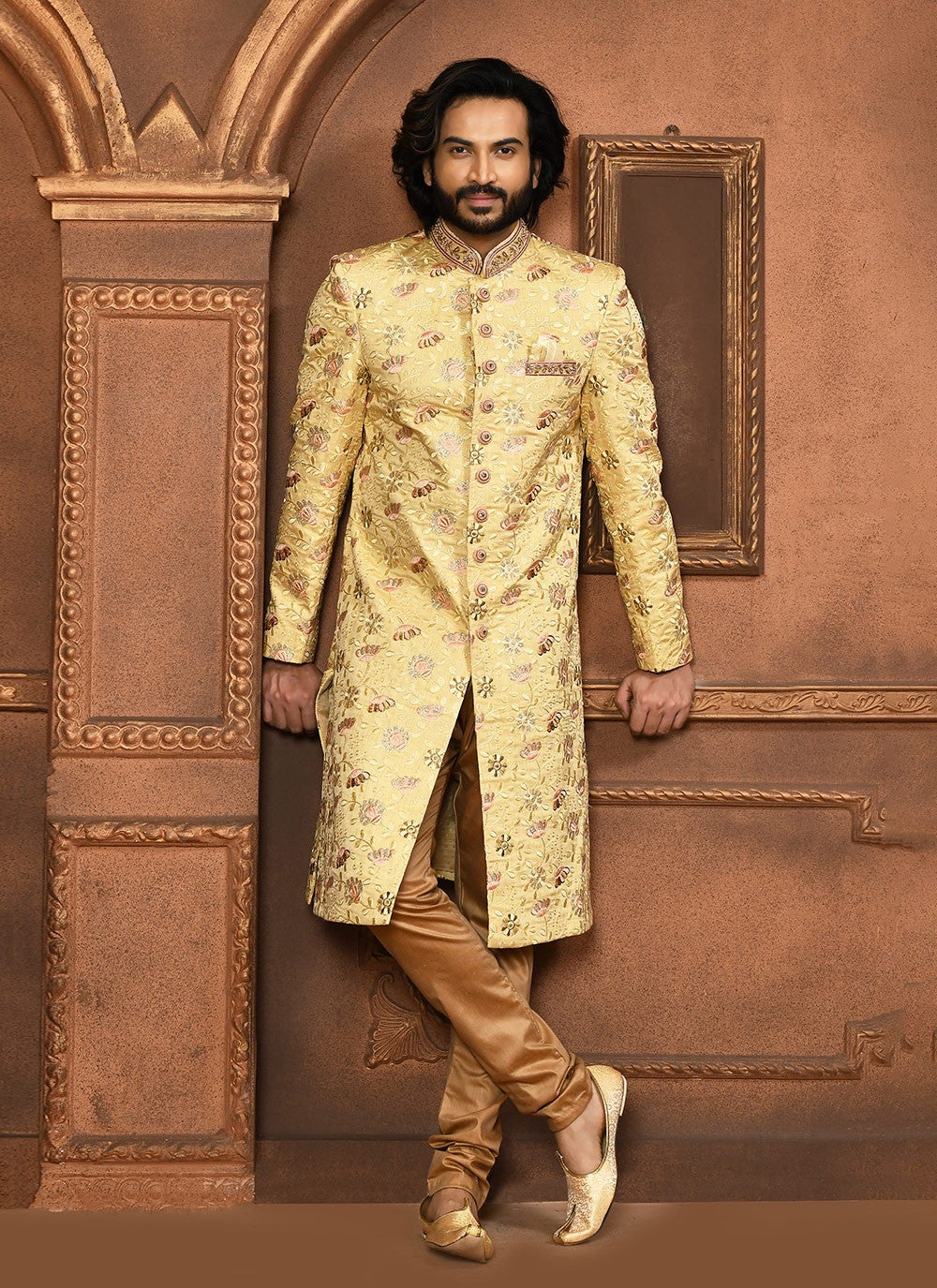 Embroidered Art Silk Beige Sherwani - M8044