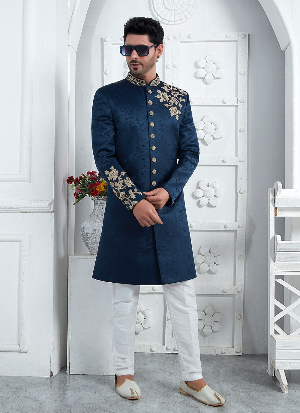 Embroidered Art Silk Blue Sherwani - M7461