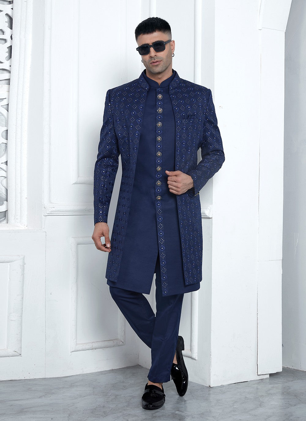 Machine Embroidery Art Silk Blue Sherwani - M8254