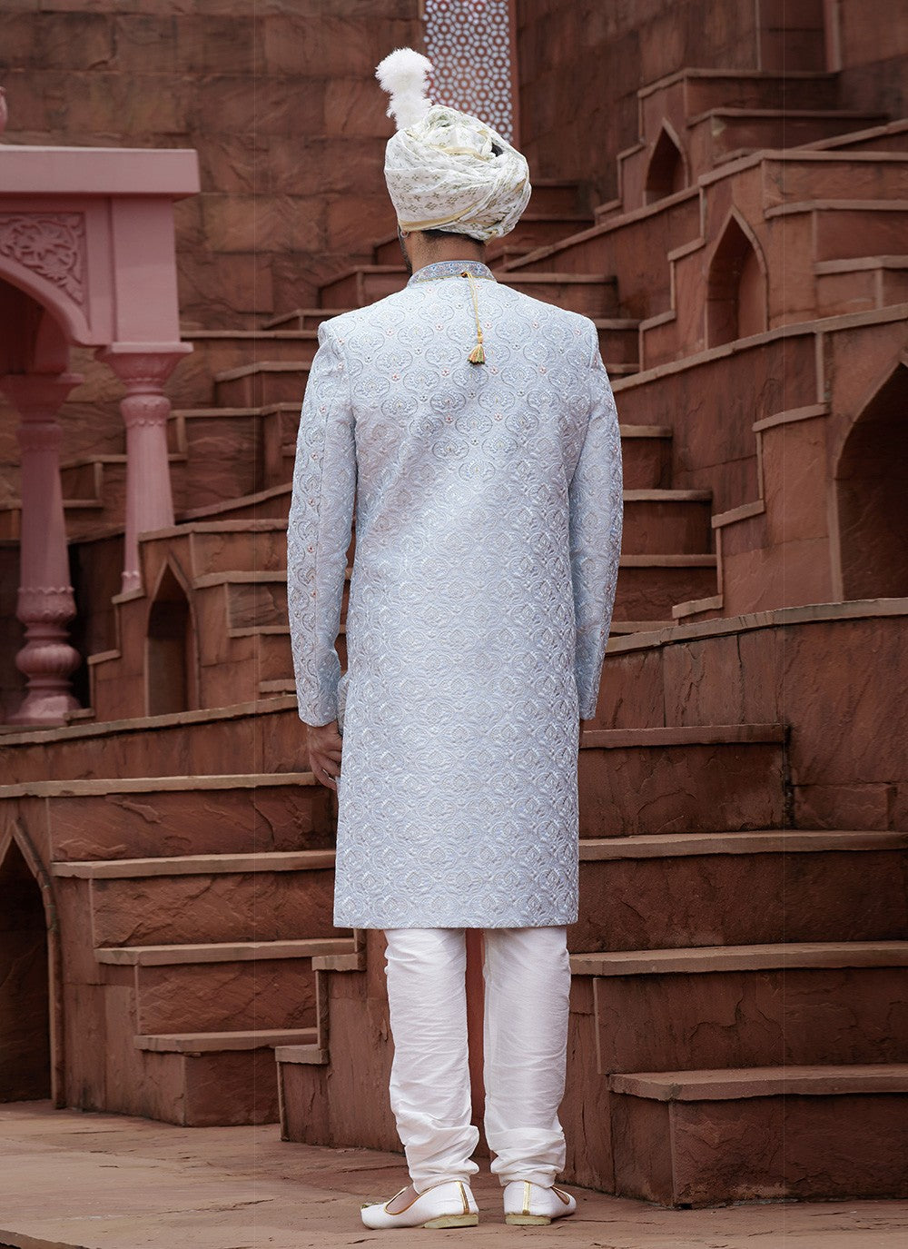Embroidered Art Silk Blue, Grey Sherwani - M6513