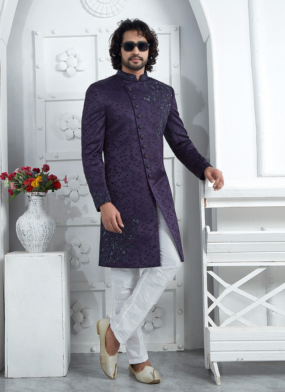 Embroidered Art Silk Purple Sherwani - M7464