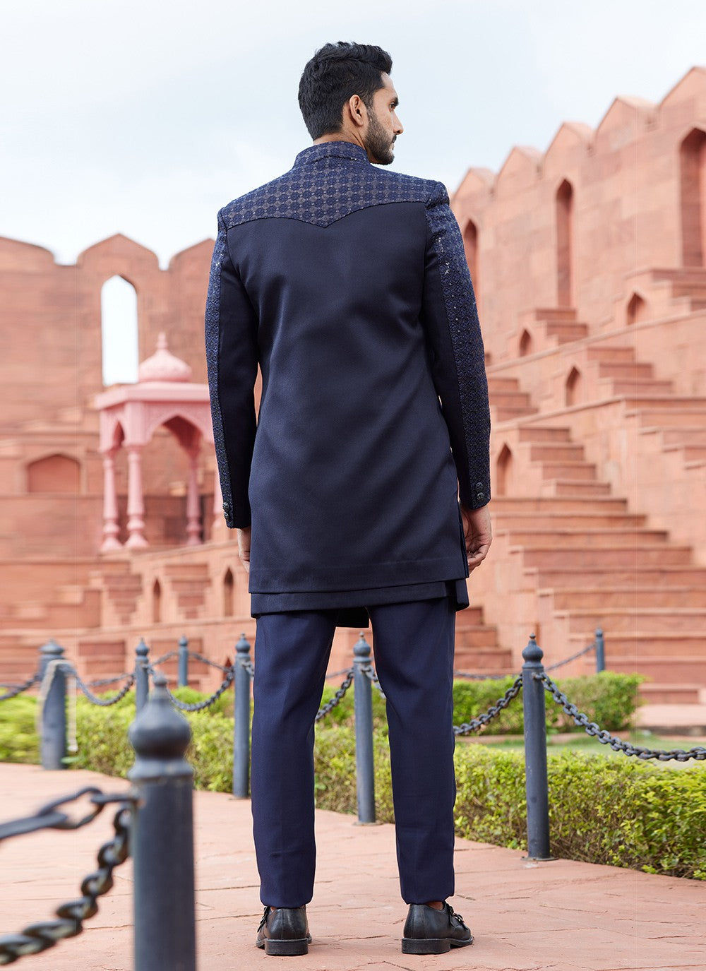 Fancy Work Art Silk Navy Blue Indo Western Sherwani - M6159