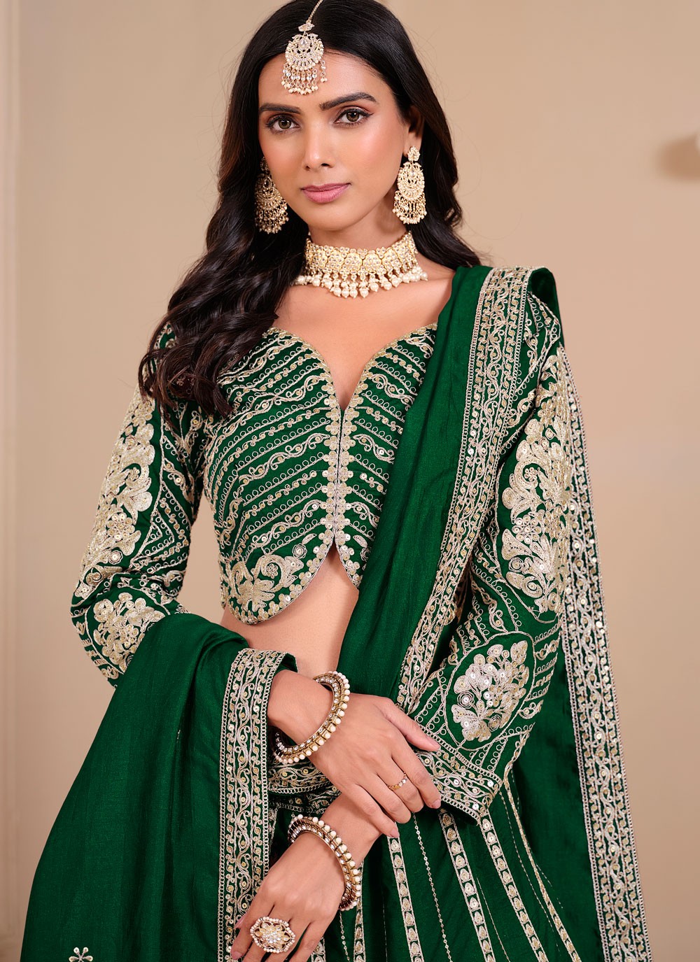 Embroidered Art Silk, Shimmer Green Lehenga - L3272
