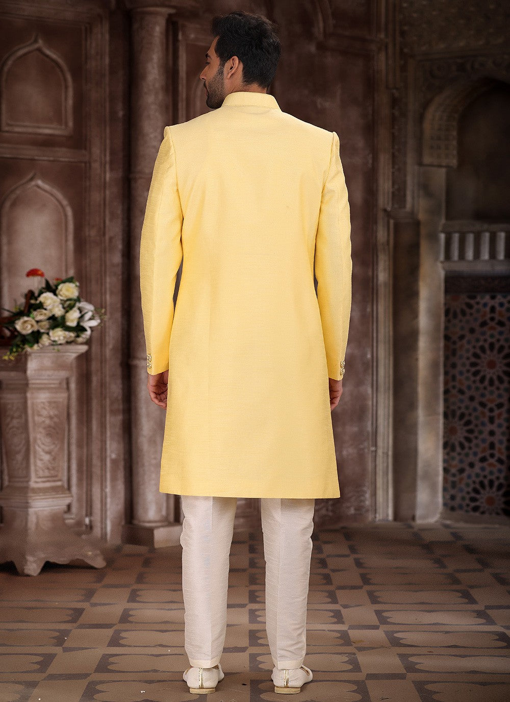 Embroidered Art Silk Yellow Indo Western Sherwani - M5379