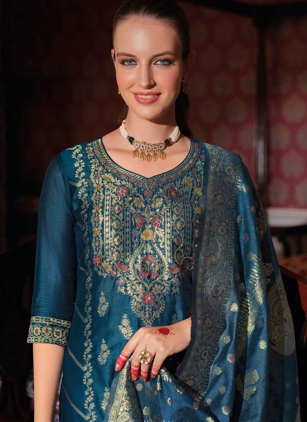 Jacquard Work Banarasi Jacquard Morpeach Salwar Suit T6110