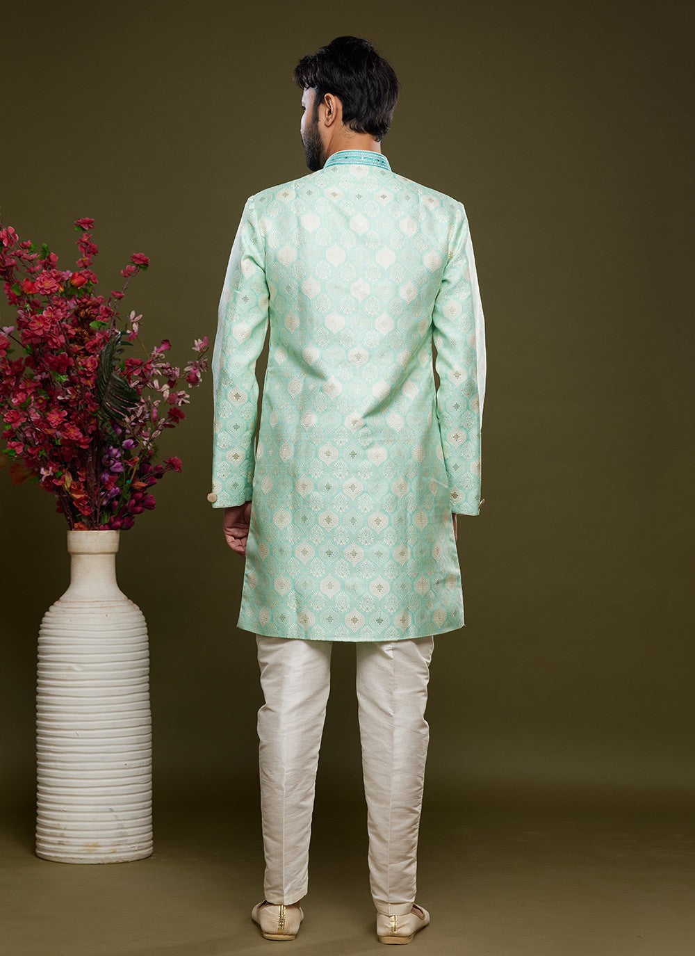 Embroidered Banarasi Jacquard Green Indo Western - M5820